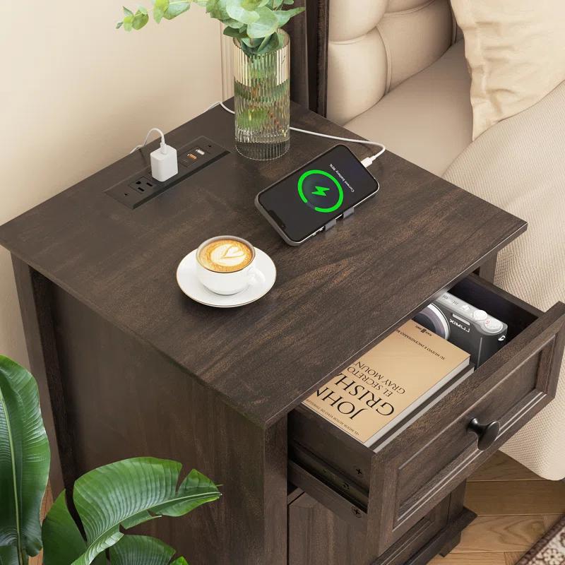 Azella 1-Drawer Frame End Table Set with Storage and Built-In Outlets (Set of 2)