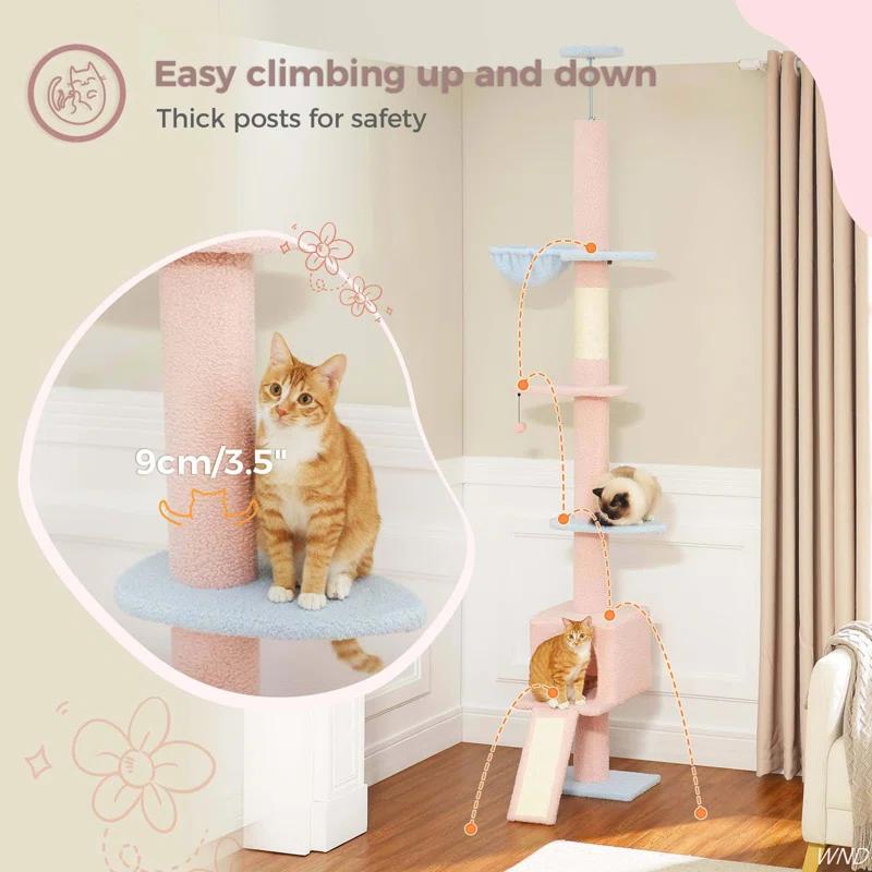 Adjustable Height Floor To Ceiling 5-Tier Tall Cat Tree Tower For Indoor Cats With Cat Condo, Cat Scratching Post And Cat Ladder