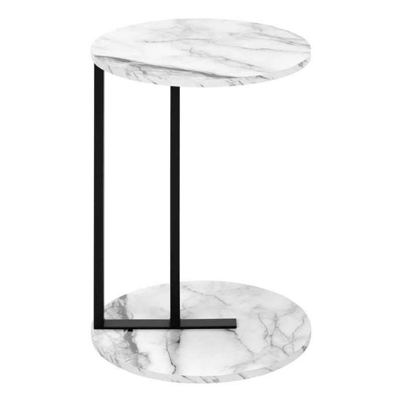17 Stories Accent Table, Side, Round, End, Nightstand, Lamp, Living Room, Bedroom, White Marble Look Laminate, Black Metal, Contemporary, Modern