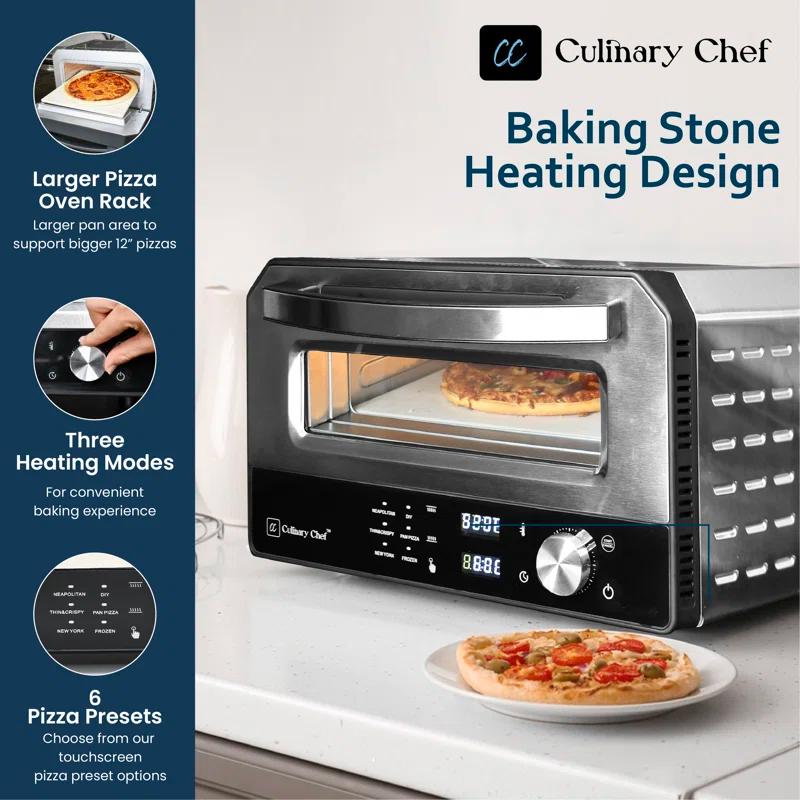 Culinary Chef Culinary Chef Indoor Pizza Oven, Temperature Control, Bonus Artisanal Cutter, Removable Stone, SS