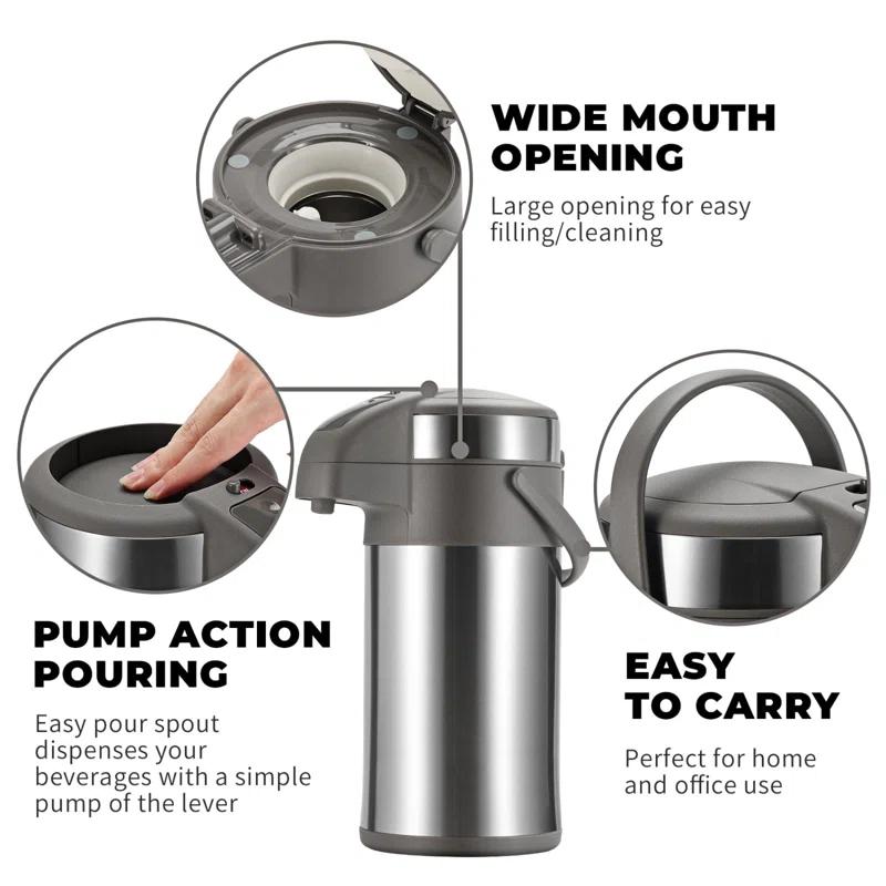 Stack man 4L/133OZ Thermal Coffee Carafe With Pump, Thermal Beverage Dispenser, Coffee Airpot Stainless Steel Coffee Carafe For Hot Drinks Silver