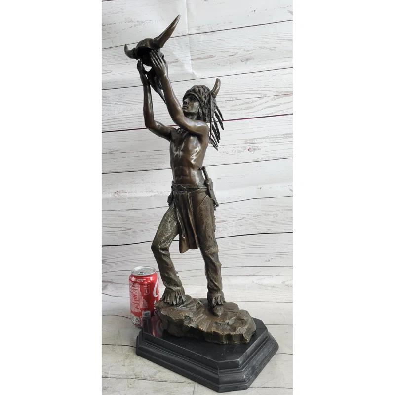 Canora Grey Taylee Native American Indian Shaman Medicine Man Holding Bison Skull Bronze Statue Sculpture 23" X 11"