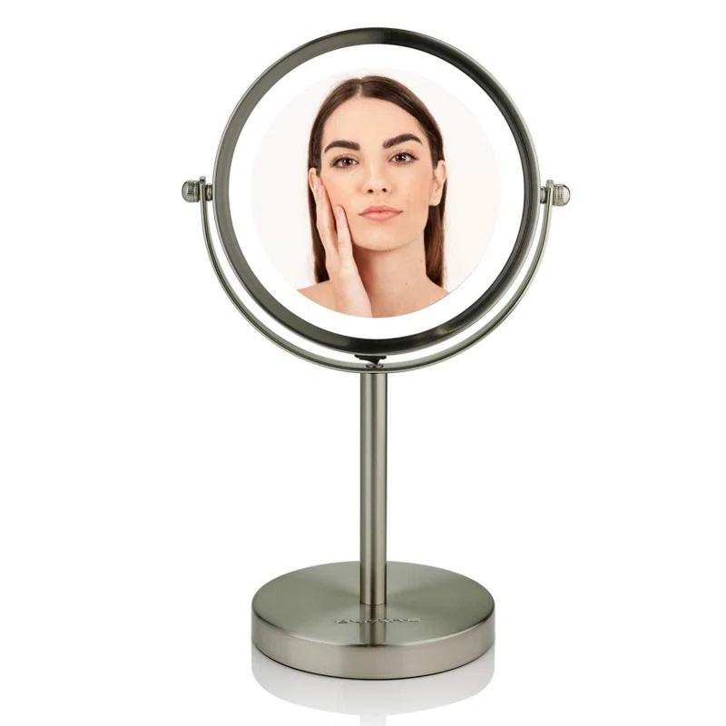 Ovente OVENTE 6" Lighted Makeup Mirror with 1X/7X Magnification, Cordless Tabletop Mount Vanity Round Mirror with 360° Swivel Design and Double Sided Cool Tone LED Ring Light, Nickel Brushed MLT60BR1X7X