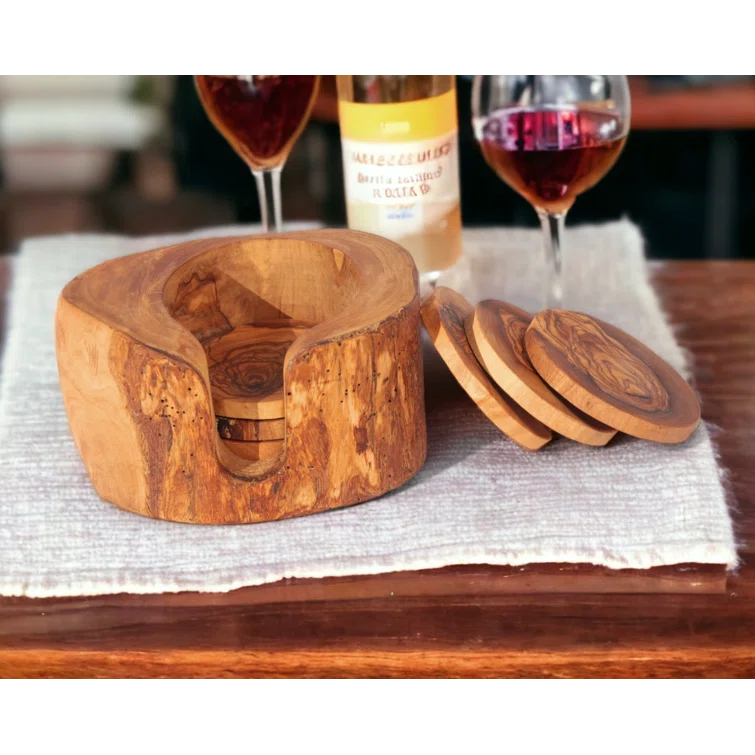 KAMSAH Kitchenware Handcrafted Olive Wood Coaster Set with Holder - Includes 6 Round Coasters and Versatile Holder