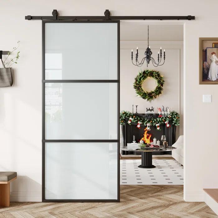 Metal and Glass Sliding Barn Door with Installation Hardware Kit ( Soft-close Included)