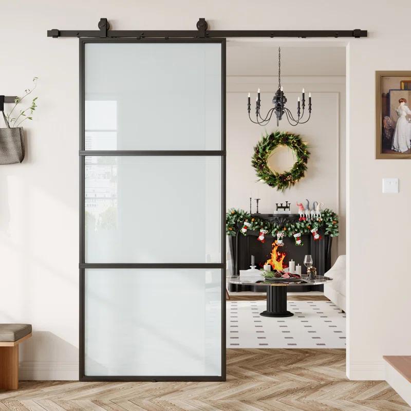 Metal and Glass Sliding Barn Door with Installation Hardware Kit ( Soft-close Included)