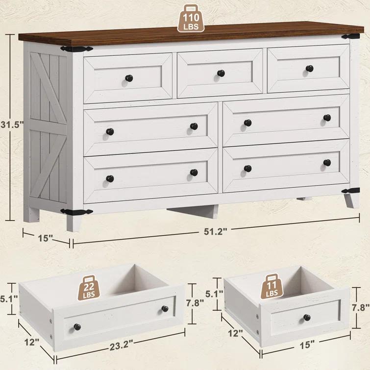 Gracie Oaks Wood Dresser For Bedroom With 7 Drawers, Farmhouse Chest Of Drawers