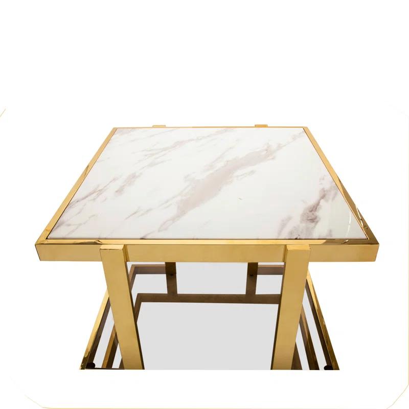 Mercer41 Atli Modern 24" Accent Table with Marble-Look Top, Glass Shelf & Gold Metal Geometric Frame for Living Room or Bedroom