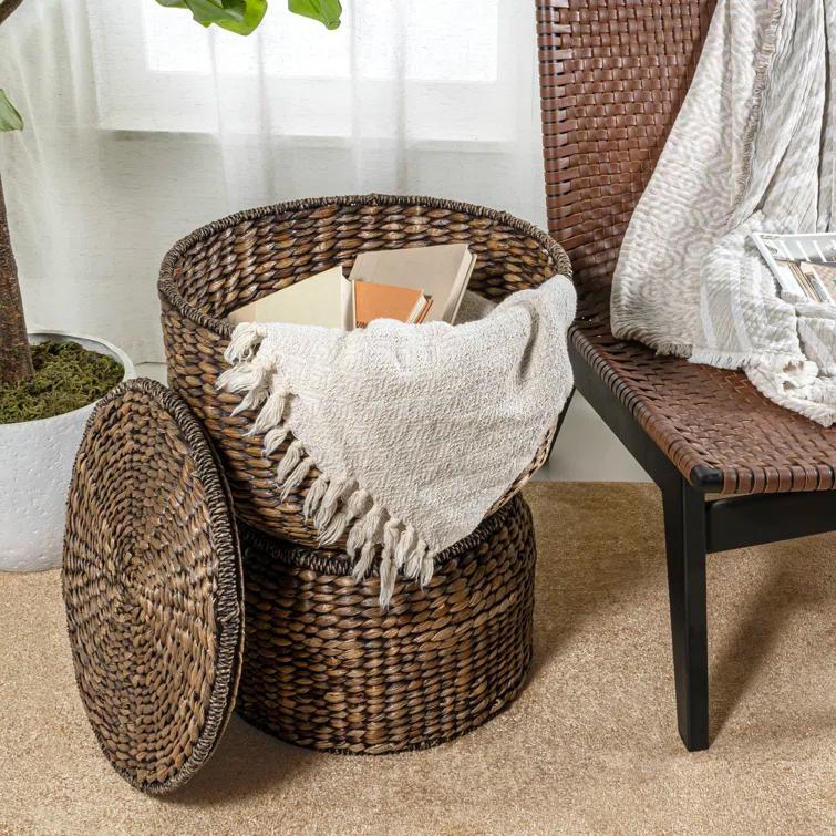 happimess 18" Hourglass Handwoven Hyacinth Storage Accent Table with Lid