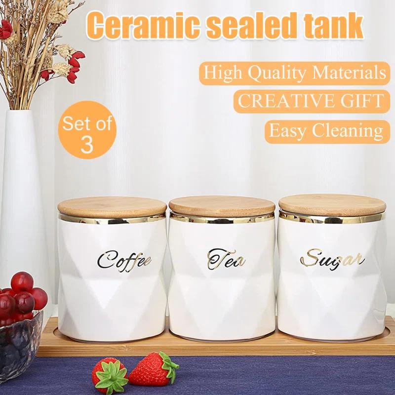 Everly Quinn 3 Pcs Ceramic Canisters Set for Sugar Coffee Tea, Luxurious Storage Containers Sets with Lids (Set of 3)