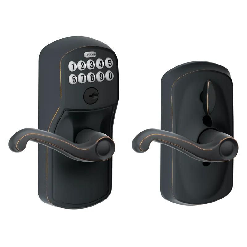 SCHLAGE FE595 PLY 716 FLA Plymouth Keypad Entry with Flex-Lock and Flair Style Levers, Aged Bronze