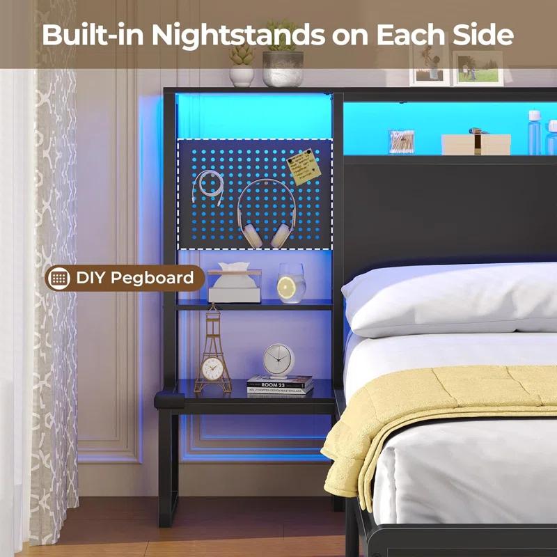 Ivy Bronx Bed Frame With Storage Headboard & Power Outlet, Metal Platform Bed With Led Lights, No Box Spring Needed, Strong Metal Slats, Noise-free, Industril Black