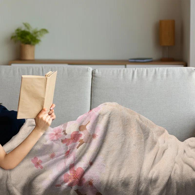 Ambesonne Ambesonne Japanese Fleece Throw Blanket Cherry Blossoms Sakura Soft Pink Beige Coral