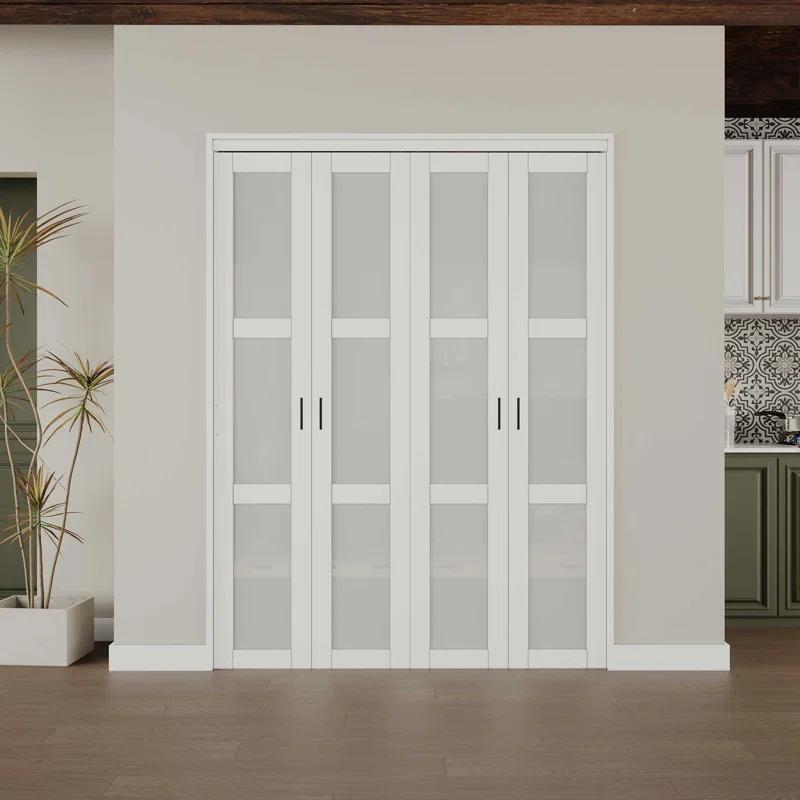 CHIC MODE Double Bifold Doors 3 Lite Frosted Glass Solid Manufactured Wood Prefinished Folding Door & Reviews | Wayfair
