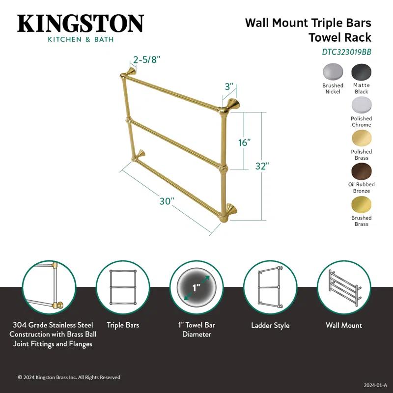 Kingston Brass DTC323019PB Kingston Brass Maximilien 30-Inch Wall Mount 3-Bar Towel Rack