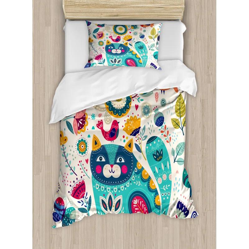 Cat Traditional Floral Duvet Cover Set