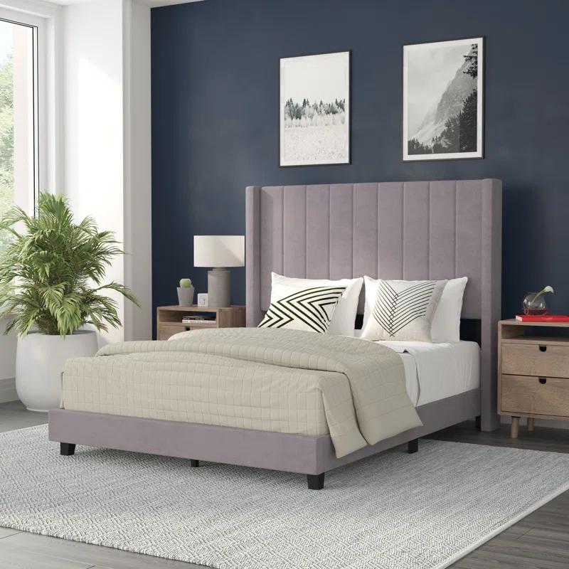 Flash Furniture Upholstered Platform Bed with Vertical Stitched Wingback Headboard, Slatted Mattress Foundation