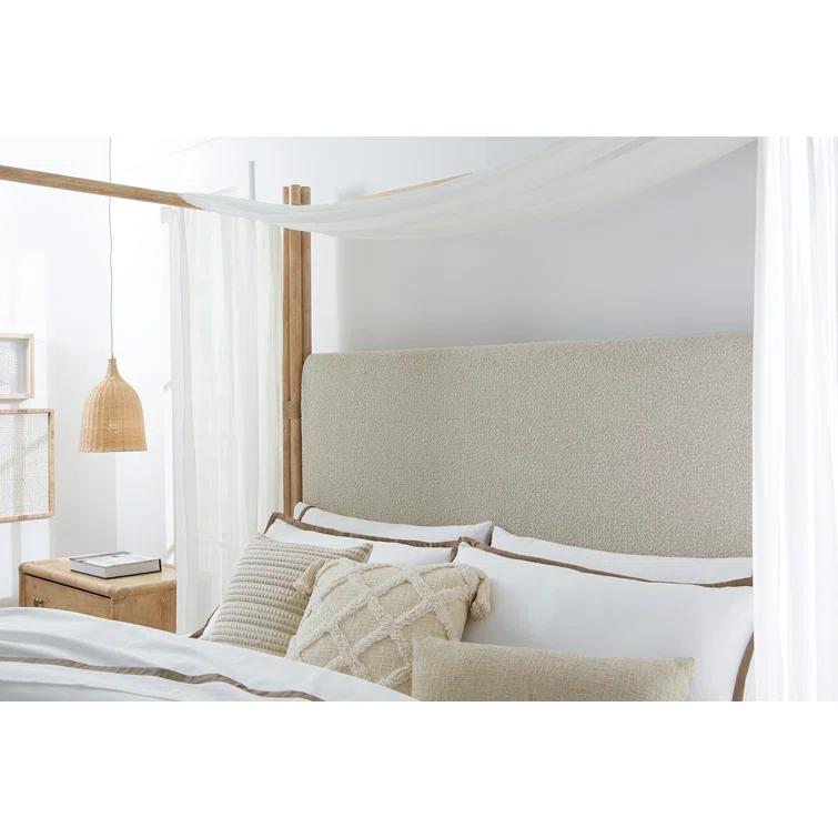 King Beige Upholstered Canopy Bed with Oak Frame