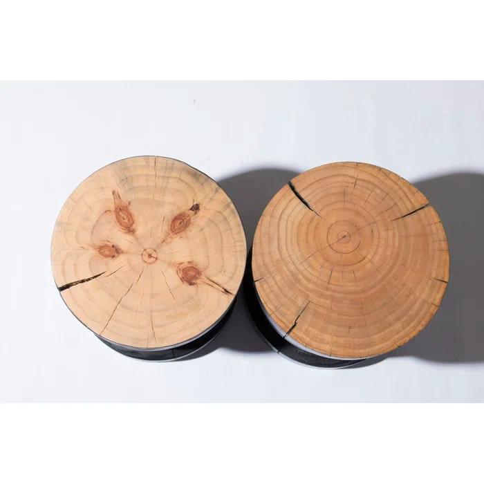 Modern Round Wood Drum End Table in Black and Natural Pine