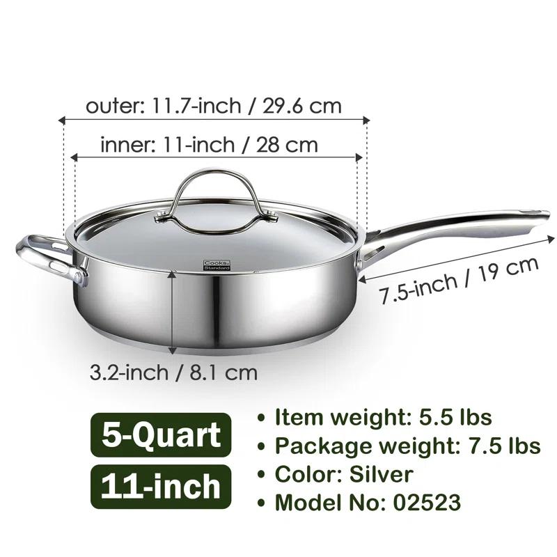 Cooks Standard Cooks Standard Classic 5 QT 11 inch Stainless Steel Saute Pan Frying Pan Skillet with Lid
