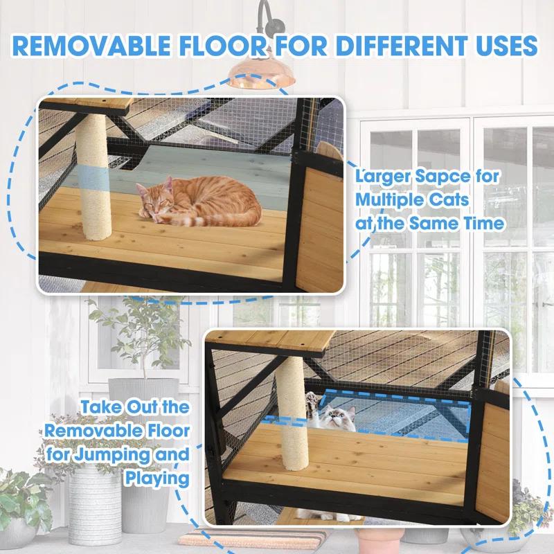 Tucker Murphy Pet™ Hallvard Outdoor Cat Enclosure with Scratcher - 4-Tier Large Indoor Wooden Window Catio Cat House W/Asphalt Waterproof Roof