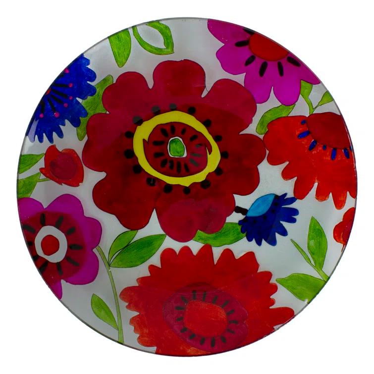 Northlight Seasonal 18" Red and Blue Summer Flowers Hand Painted Glass Outdoor Patio Birdbath