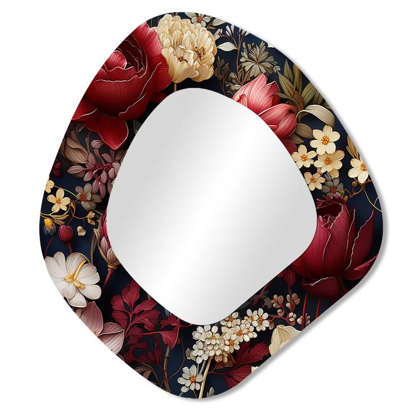 Design Art Victorian Royal Burgundy Peonies - Floral Traditional Wall Mirror In Asymmetrical Shapes