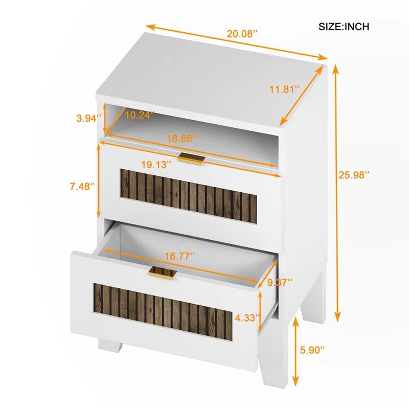 Lark Manor™ 2-Drawer Farmhouse Wooden Nightstand With Wooden Strip Stickers Decoration And Metal Handle, Wood Side Table With Storage Cabinet For Bedroom