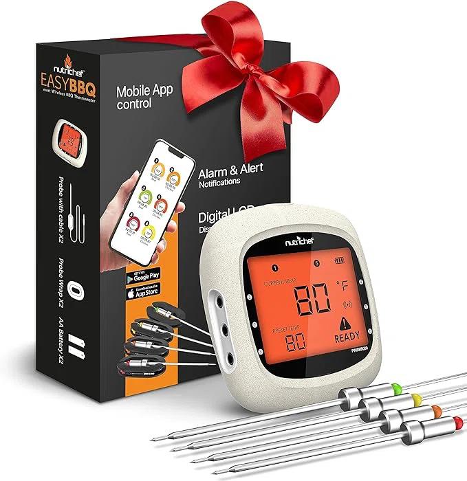 NutriChef Nutrichef Bluetooth Meat Thermometer For Grilling And Smoking With 6 Wireless Meat Probes, 6 Channels With Lcd Display