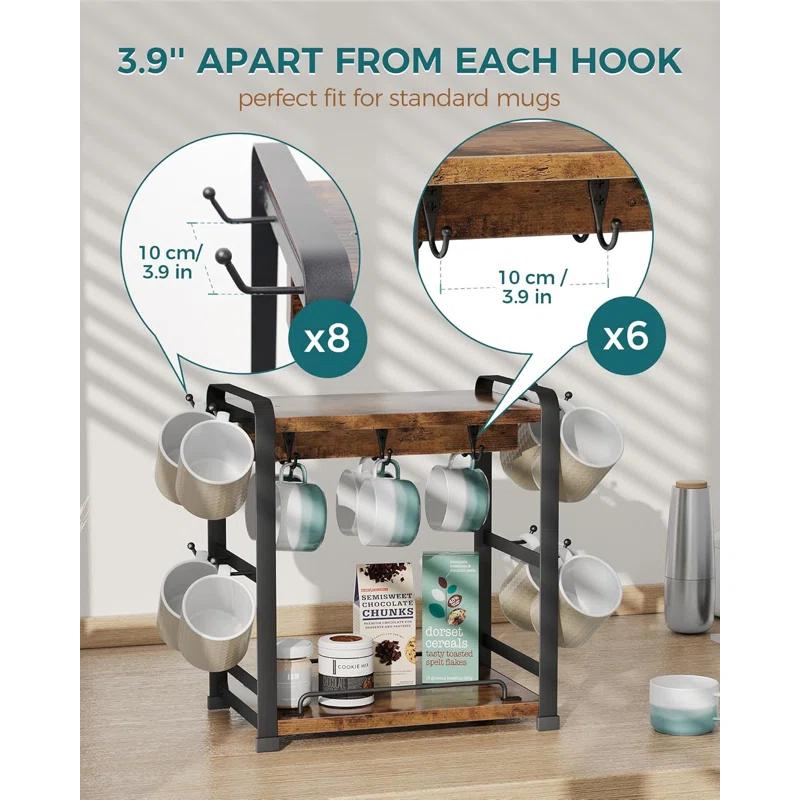 17 Stories Coffee Bar Organizer With 14 Mug Hooks, Wood Coffee Mug Holder Stand For Countertop, 2 Tier Coffee Station Organizer For Coffee Cups, Mugs, Syrups, Accessories
