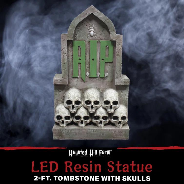 Haunted Hill Farm Haunted Hill Farm 2 ft. RIP Tombstone with Skulls, Pre-Lit LED RIP and Skull Eyes Gothic Décor