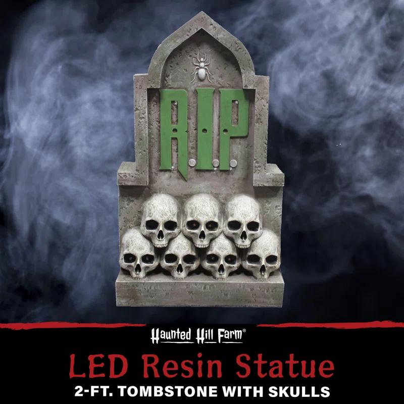 Haunted Hill Farm Haunted Hill Farm 2 ft. RIP Tombstone with Skulls, Pre-Lit LED RIP and Skull Eyes Gothic Décor
