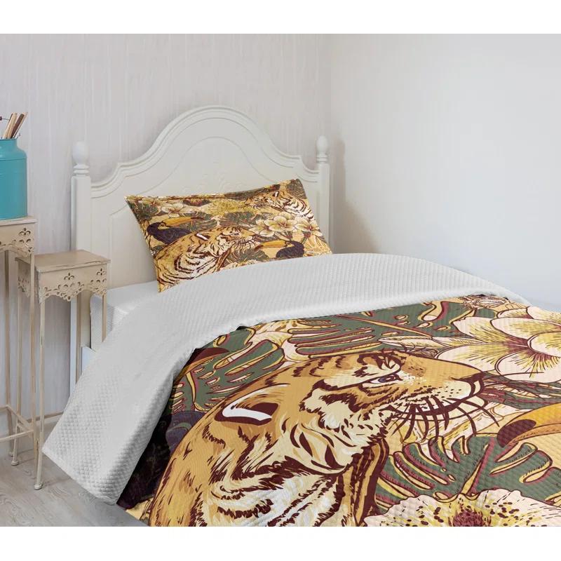 Ambesonne Ambesonne Tiger Bedspread Set Tropical Bengal Toucan Earth Yellow Dark Blue
