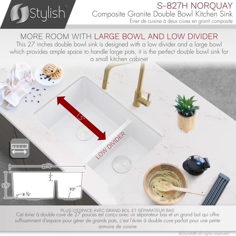 STYLISH S-827H Pietra STYLISH 27 inch Double Bowl 60/40 Dual Mount Composite Granite Kitchen Sink