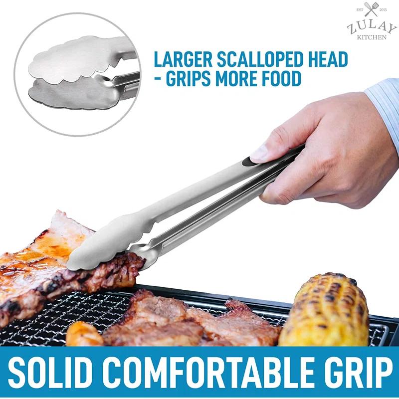 Zulay Kitchen Zulay Stainless Steel Tongs For Cooking - Scallop Head Edge Kitchen Tongs - Easy Grip BBQ Grill Tongs With Lock