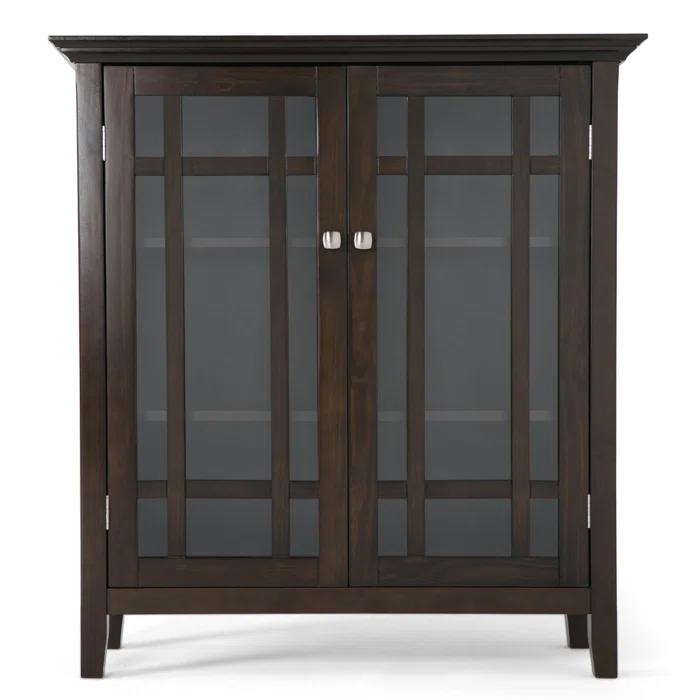 Simpli Home Bedford 39"W Solid Wood 4-Shelf Medium Storage Cabinet with Glass Doors and Adjustable Shelves