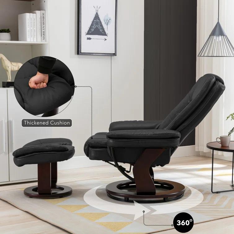 Snugway 32" Contemporary Leather Recliner and Ottoman with Swiveling Mahogany Wood Base