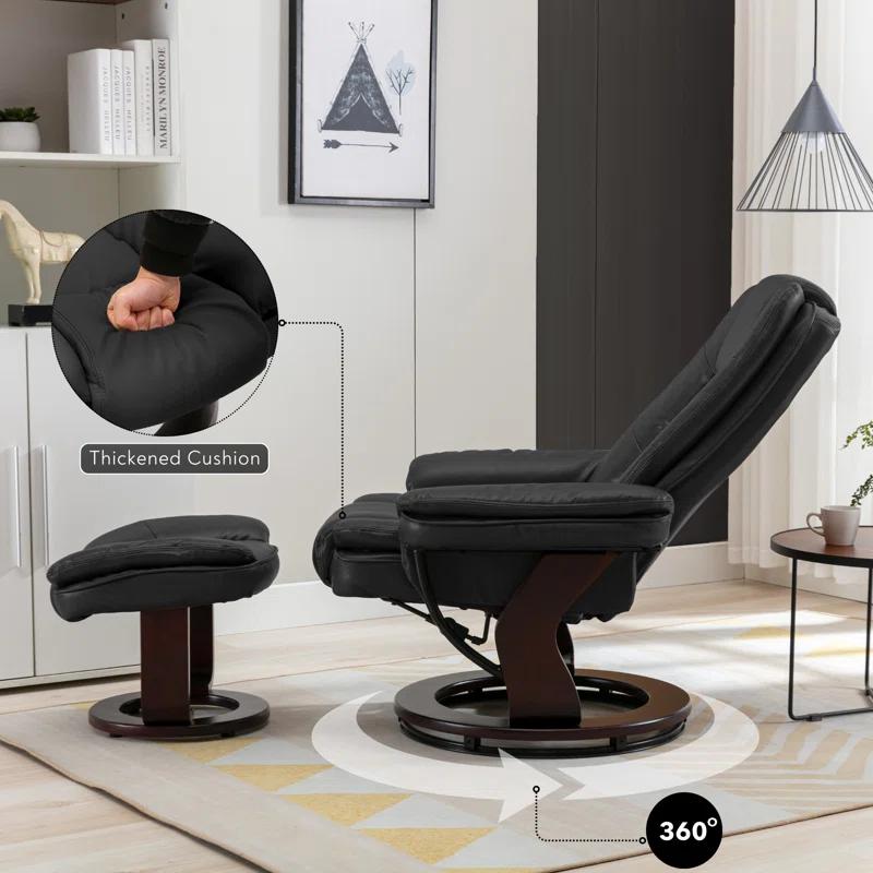 Snugway 32" Contemporary Leather Recliner and Ottoman with Swiveling Mahogany Wood Base