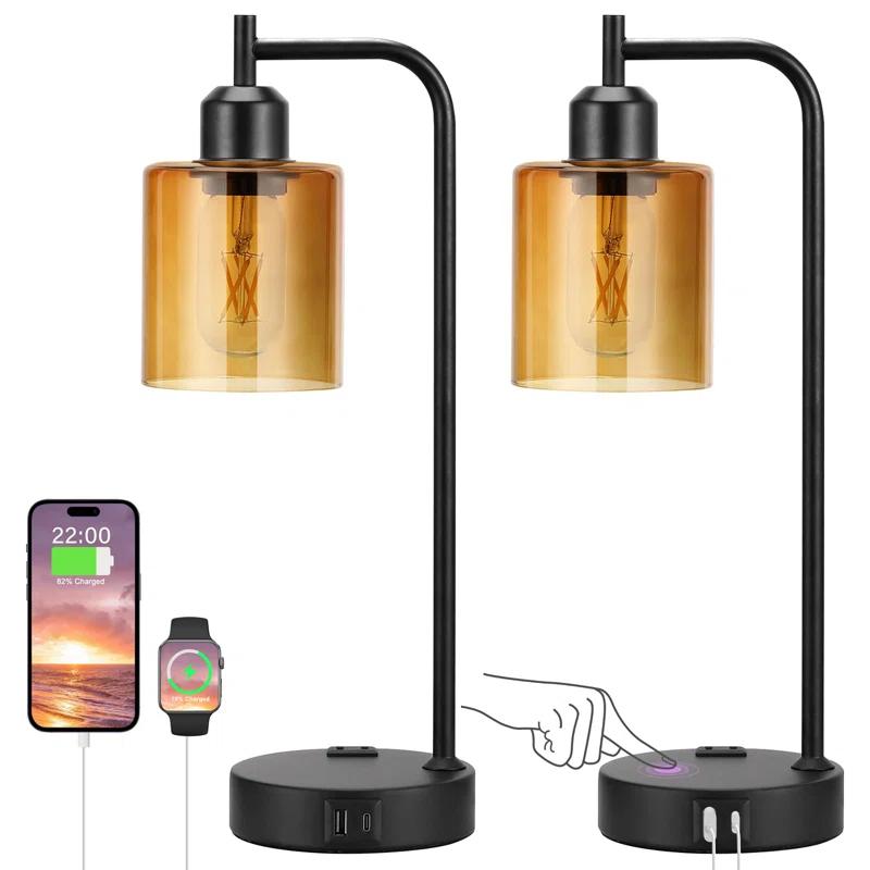 Latitude Run® Industrial Touch Table Lamps for Bedrooms Set of 2 - 3-Way Dimmable Nightstand Lamps with USB C+A Ports and Outlet, Bedside Lamps with Glass Shade for Living Room, Desk Lamps for Home Office