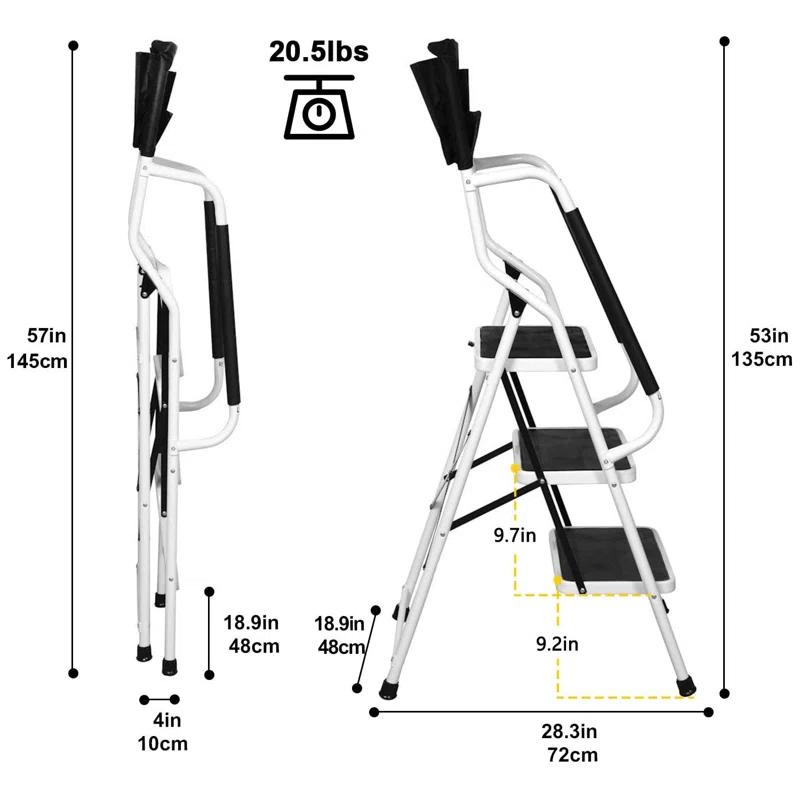 WFX Utility™ 3-Step Ladder With Handrails - 500 Lb Capacity Folding Stepladder With Wide Non-Slip Pedals, Safety Rails, And Tool Bag