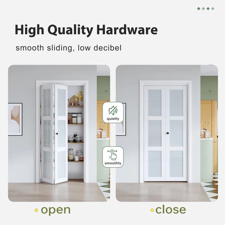 EASELIFE Frosted Glass And Solid Manufactured Wood Bi-Fold Door With Installation Hardware Kit