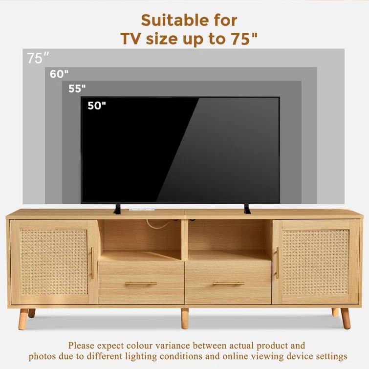 Bay Isle Home™ Heyer Large Wood Rattan TV Stand for TVs up to 75" with LED Light and Charging Station, Coastal Media Console Table, Multimedia Storage Furniture with 2 Drawers, Lighting TV Cabinet  & Reviews | Wayfair
