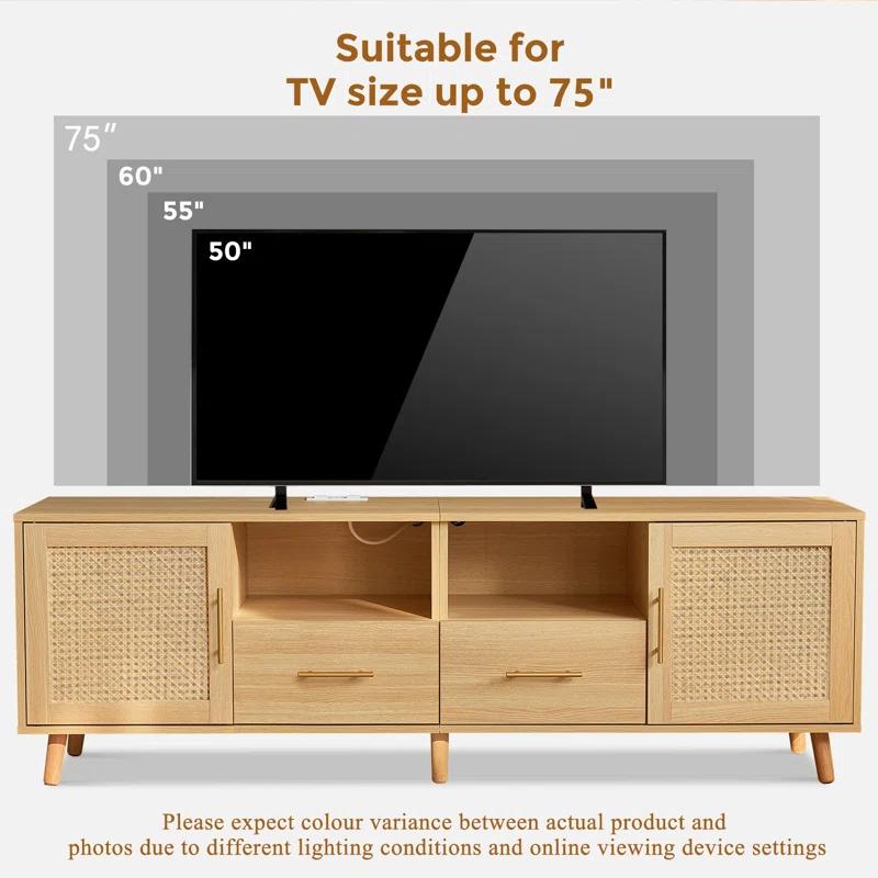 Bay Isle Home™ Heyer Large Wood Rattan TV Stand for TVs up to 75" with LED Light and Charging Station, Coastal Media Console Table, Multimedia Storage Furniture with 2 Drawers, Lighting TV Cabinet  & Reviews | Wayfair