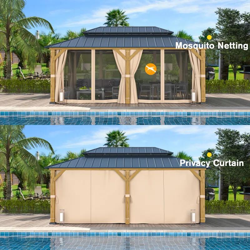 EROMMY 12' X 20' Outdoor Spruce Hardtop Gazebo For Patios, Spruce Framed Gazebo With Double Roof, Solid Wooden Framed Gazebo With Privacy Curtains For Patio Lawn, Garden, Backyard