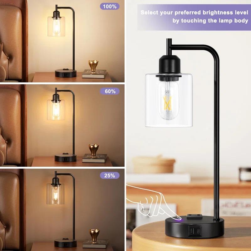 Latitude Run® Industrial Touch Table Lamps for Bedrooms Set of 2 - 3-Way Dimmable Nightstand Lamps with USB C+A Ports and Outlet, Bedside Lamps with Glass Shade for Living Room, Desk Lamps for Home Office