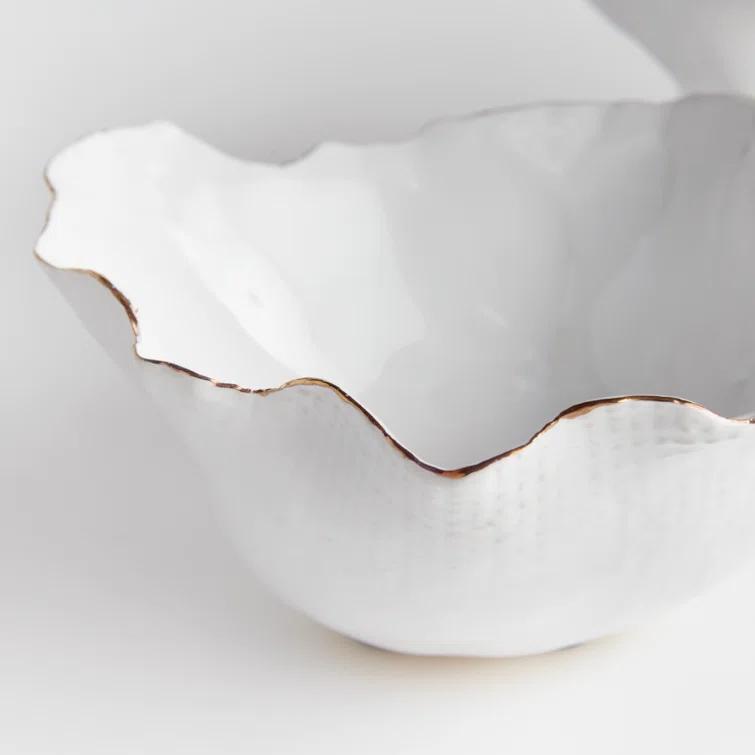 Handcrafted White Ceramic Decorative Bowl Set with Gold Edges