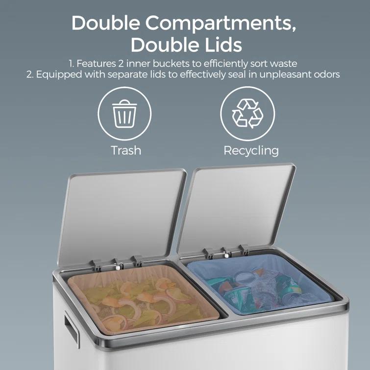 Songmics 2 x 8 Gallon Stainless Steel Multi-Compartments Trash Can with 15 trash bags