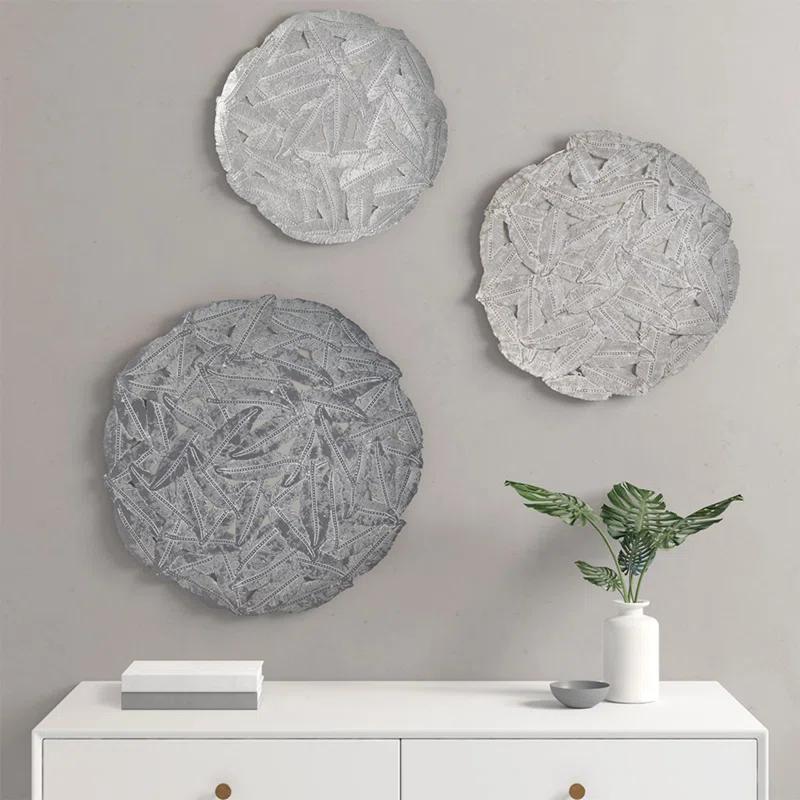 Dakota Fields Textured Feather 3-Piece Metal Disc Wall Decor Set