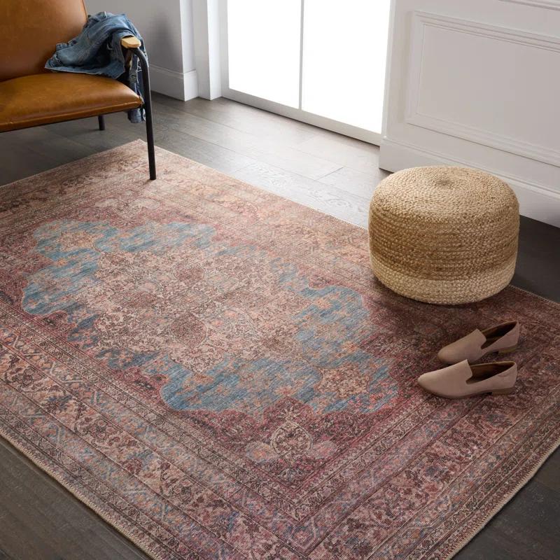 Machine Washable Power Loom Performance Dark Red/Blue Rug