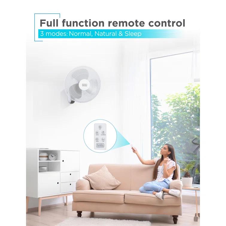 BLACK+DECKER BFP Series BLACK+DECKER 16" Wall Fan with Remote Control, Oscillating Fan with 3 Speed Settings